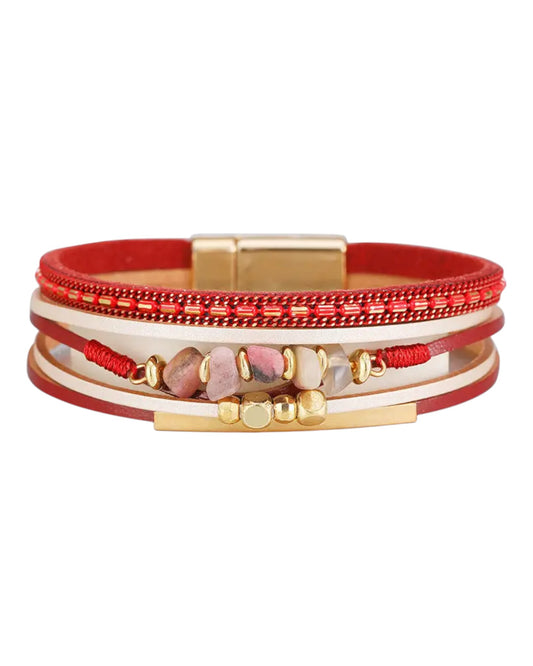 Red Bohemian Natural Stone & Leather Woven Bracelet