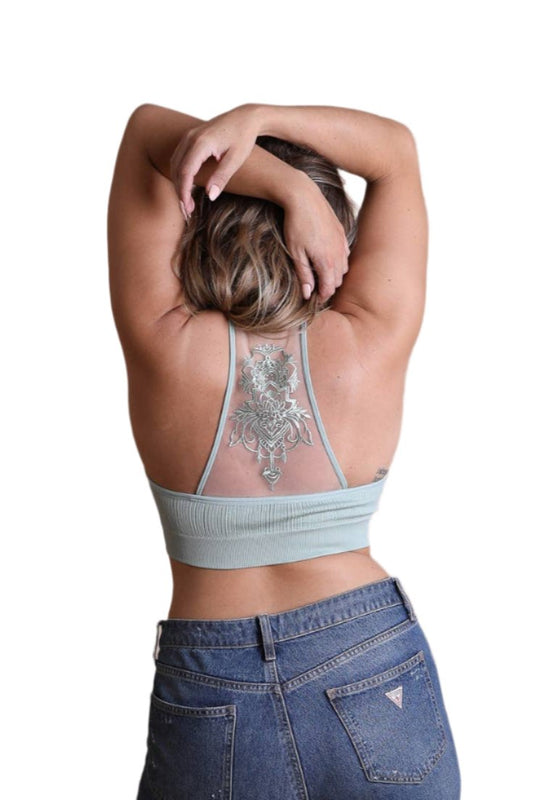 Curvy Sea Foam Lotus Mesh Racerback Bralette
