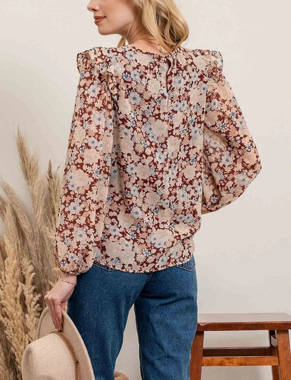 Burgundy Floral Ruffled Long Sleeve Top