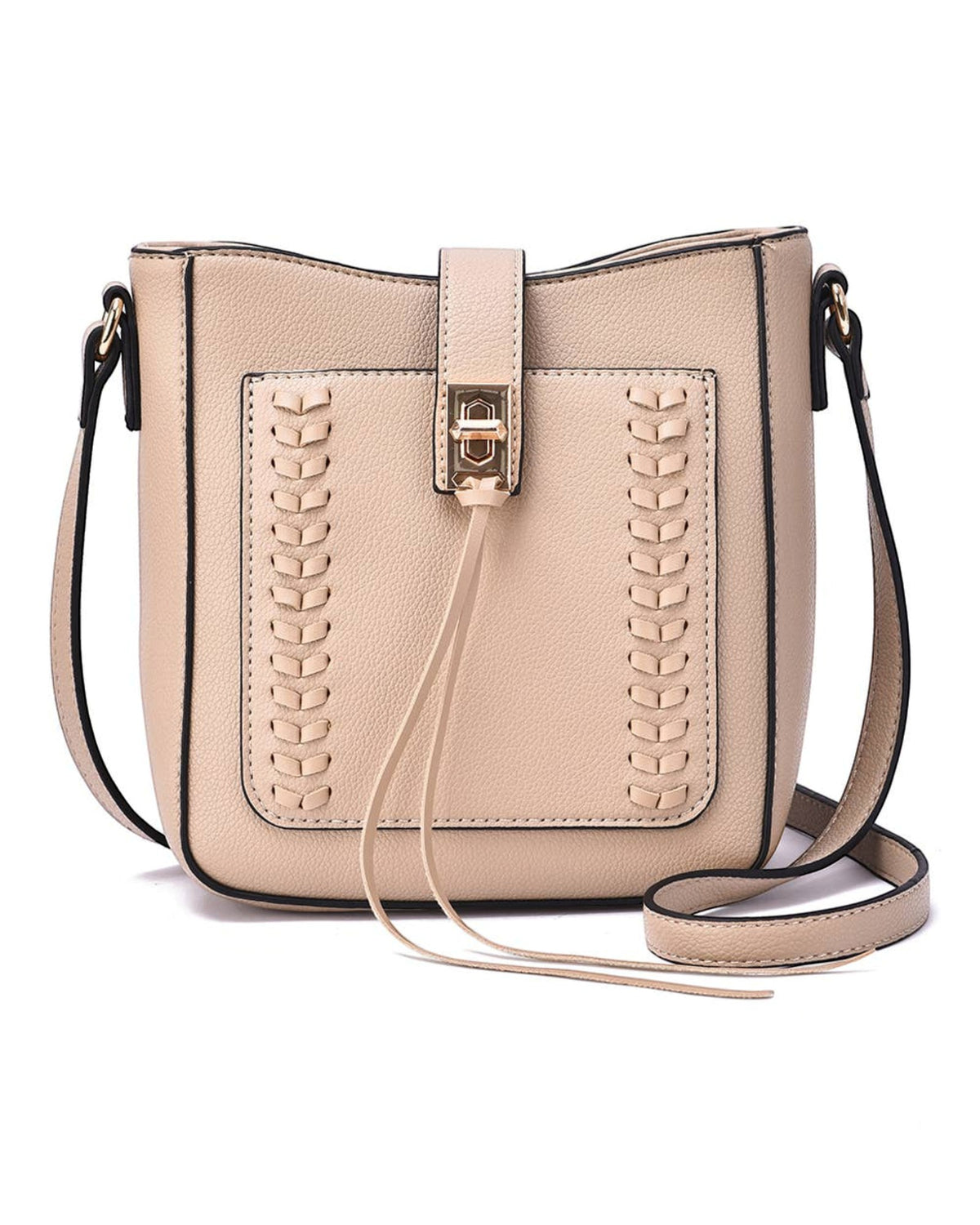 Whipstitch compact vegan leather bag in a beige/sand color with tassel and crossbody strap. Gold hardware. 