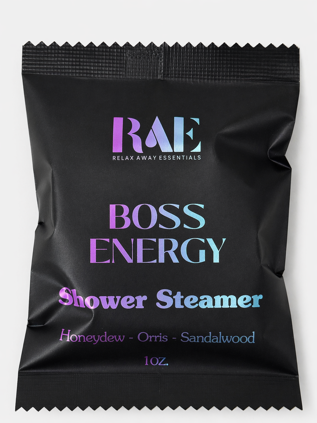 Black shower steamer packaging with 'RAE' branding and product name on a white background.