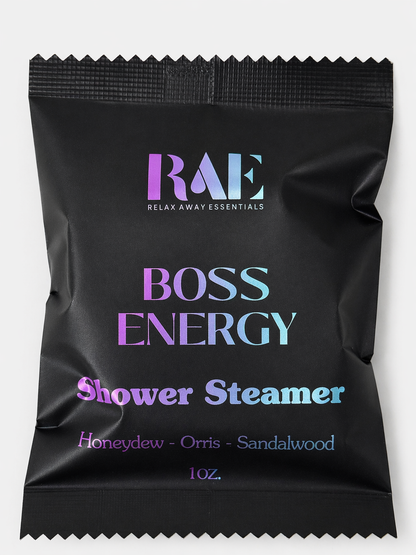 Black shower steamer packaging with 'RAE' branding and product name on a white background.