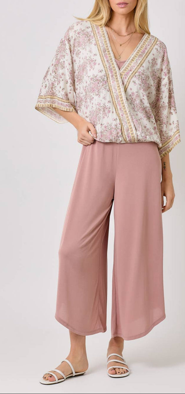 Ivory floral kimono wrap top with 3/4 sleeves and vintage floral print.