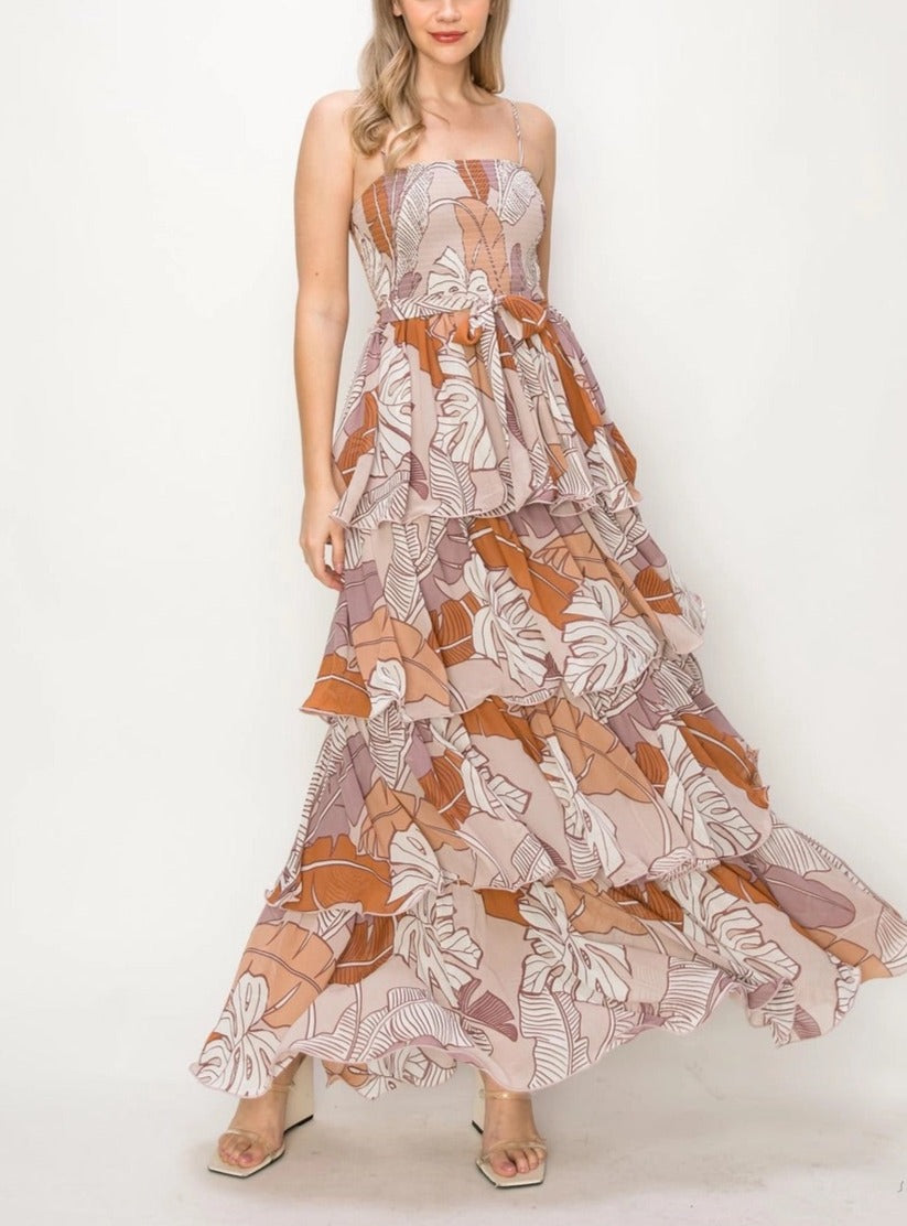 Boho Leaf Print Tiered Maxi Dress