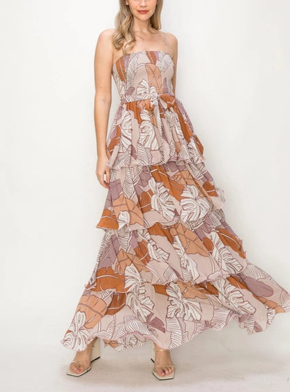 Boho Leaf Print Tiered Maxi Dress