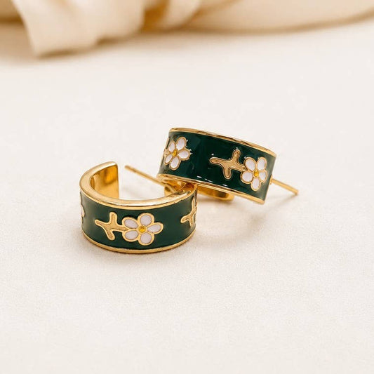 Garden Meadow Enamel Huggie Hoop Earrings (Green)