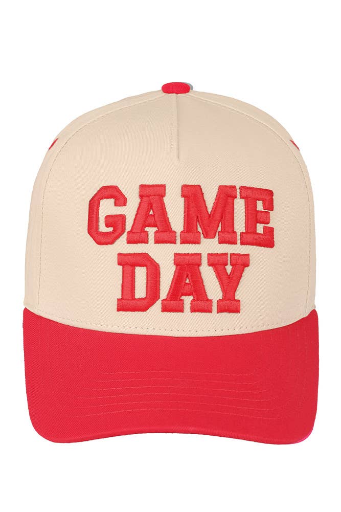 Beige and red cap with 'GAME DAY' text on a white background