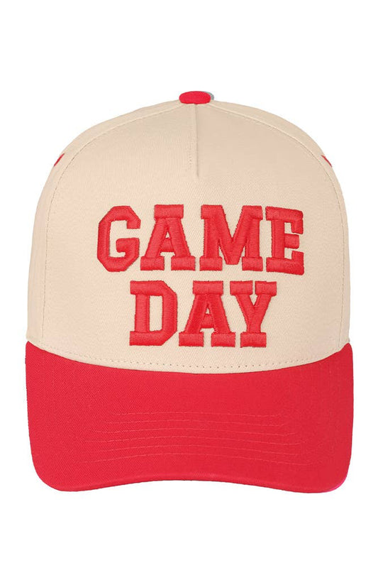 Beige and red cap with 'GAME DAY' text on a white background
