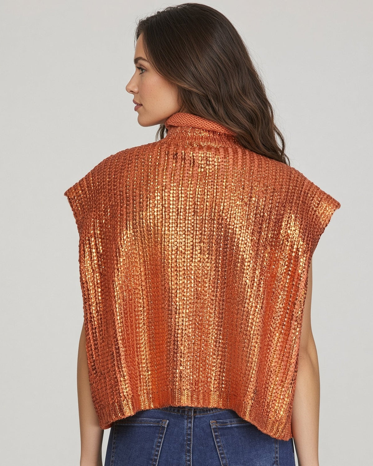 Back view of the Blaze Orange Metallic Short Sleeve Sweater.