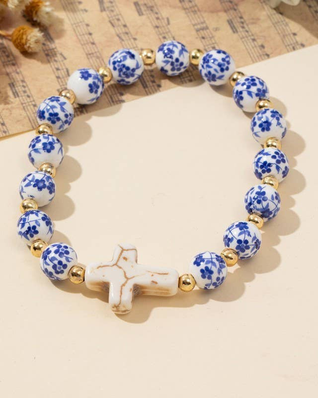 Blue Toile Porcelain & Ceramic Cross Stretch Bracelet