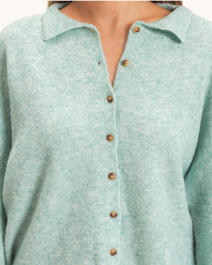 A close-up of a person wearing a light mint green knit polo cardigan with brown buttons.