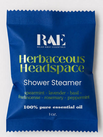 Blue shower steamer packaging with 'RAE' branding on a white background