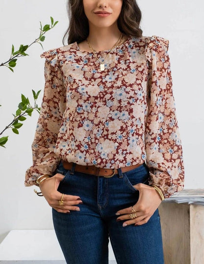 Burgundy Floral Ruffled Long Sleeve Top