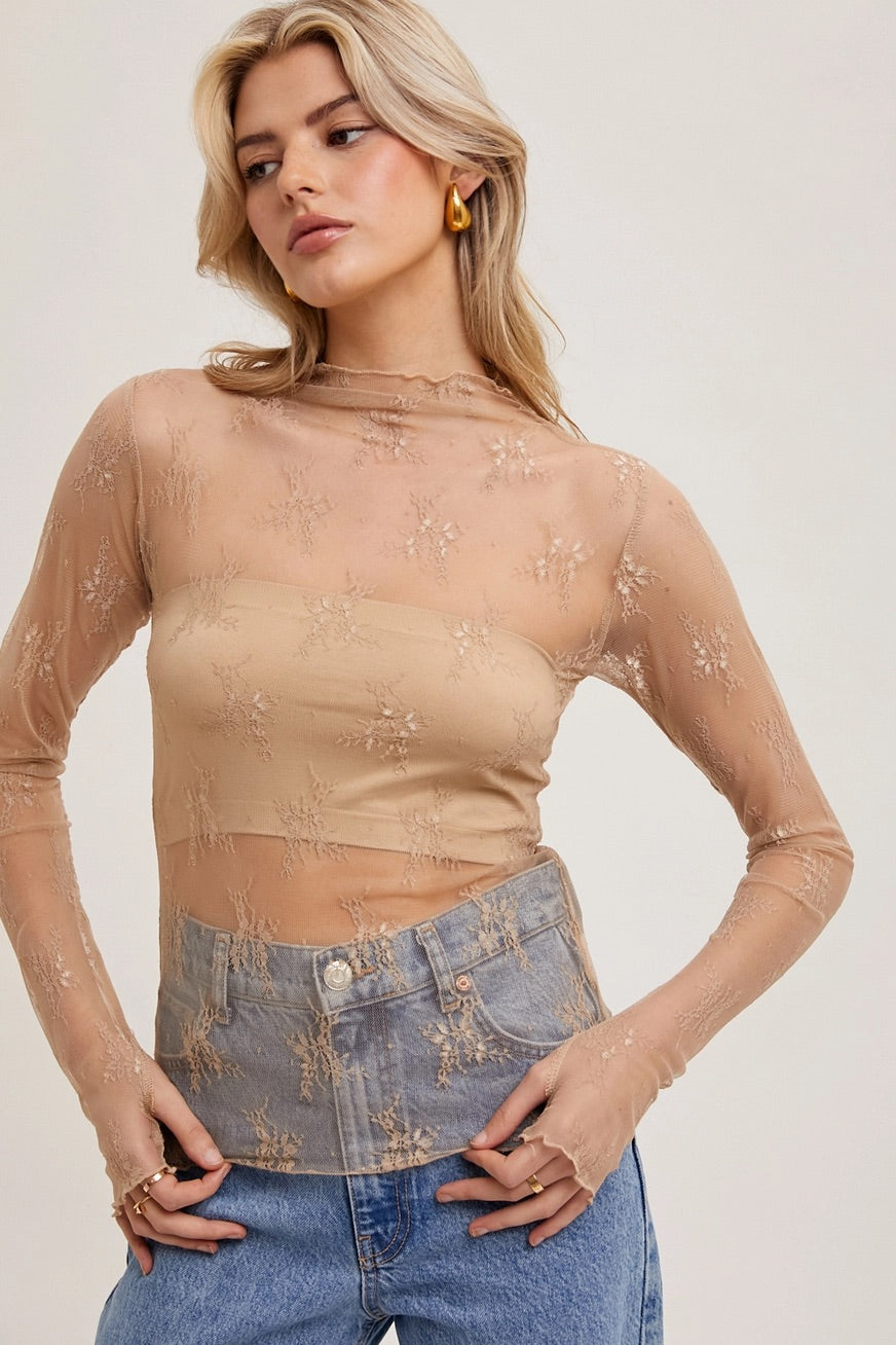 Romantic Floral Long Sleeve Nude Sheer Top