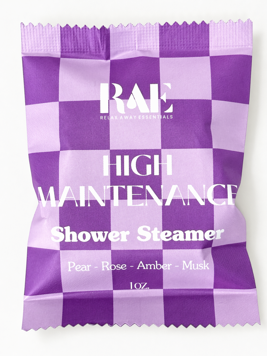 Purple and white checkered shower steamer packaging with 'RAE' branding.