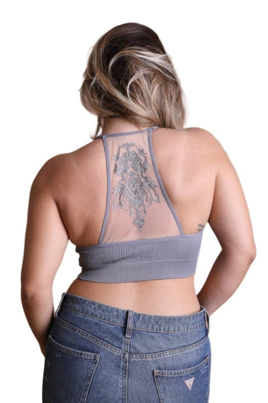 Curvy Size Gray Lotus Mesh Racerback Bralette