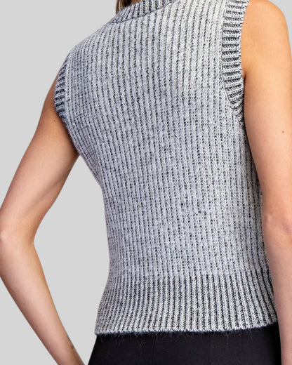 Back view of a ribbed sleeveless charcoal and ivory sweater vest.