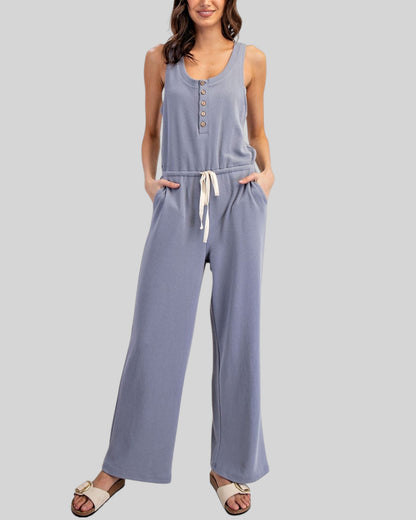 Blue Comfort Sleeveless Henley Jumpsuit
