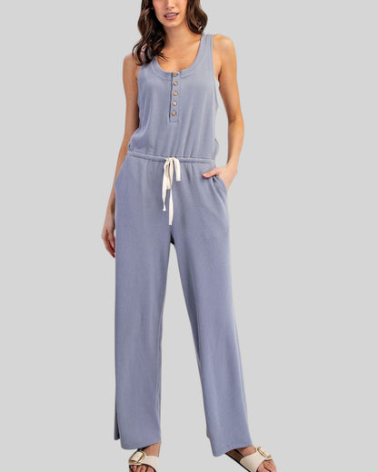 Blue Comfort Sleeveless Henley Jumpsuit
