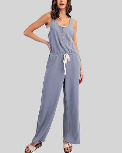 Blue Comfort Sleeveless Henley Jumpsuit