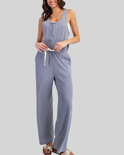 Blue Comfort Sleeveless Henley Jumpsuit