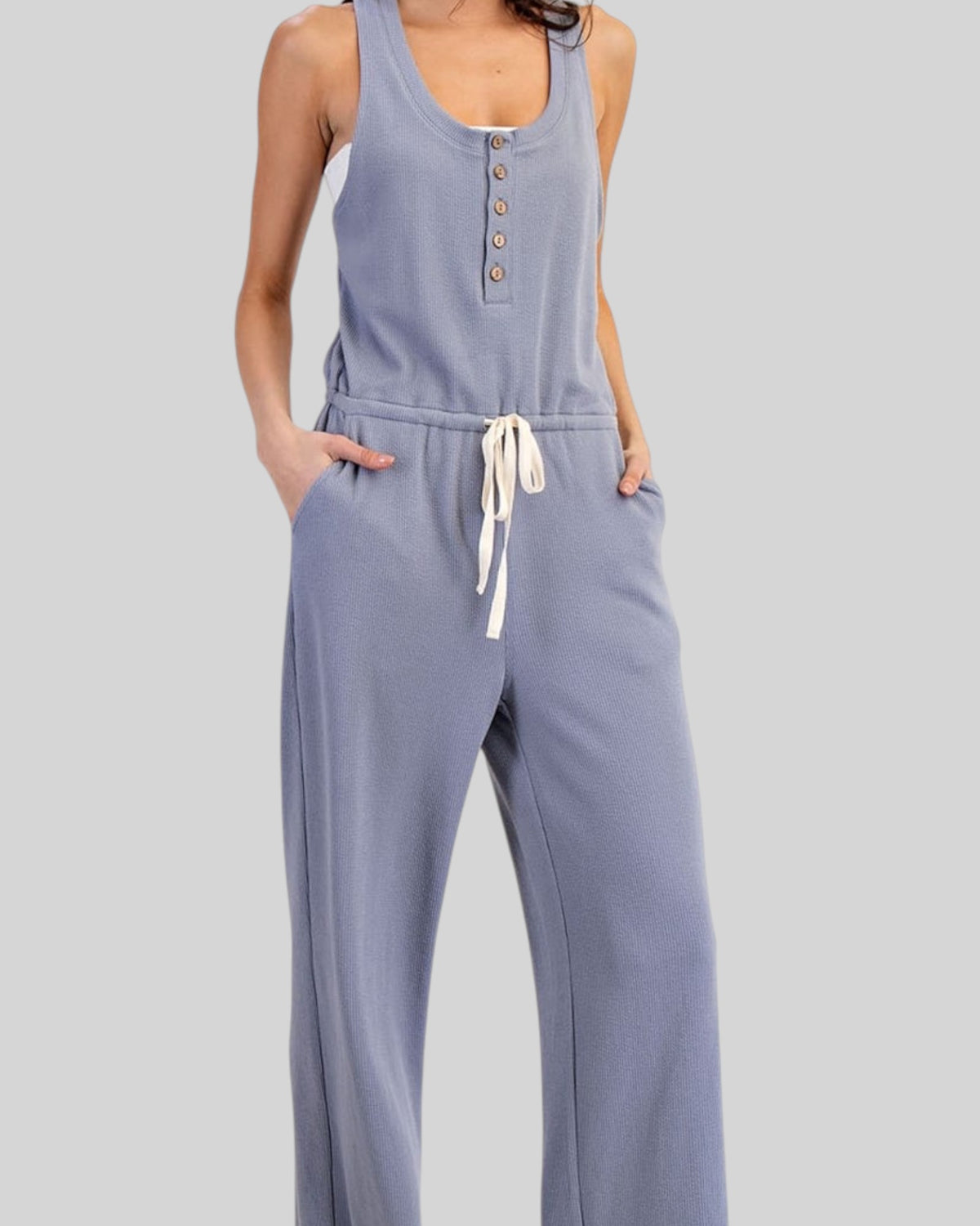 Blue Comfort Sleeveless Henley Jumpsuit