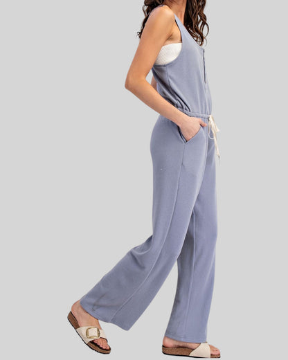 Blue Comfort Sleeveless Henley Jumpsuit