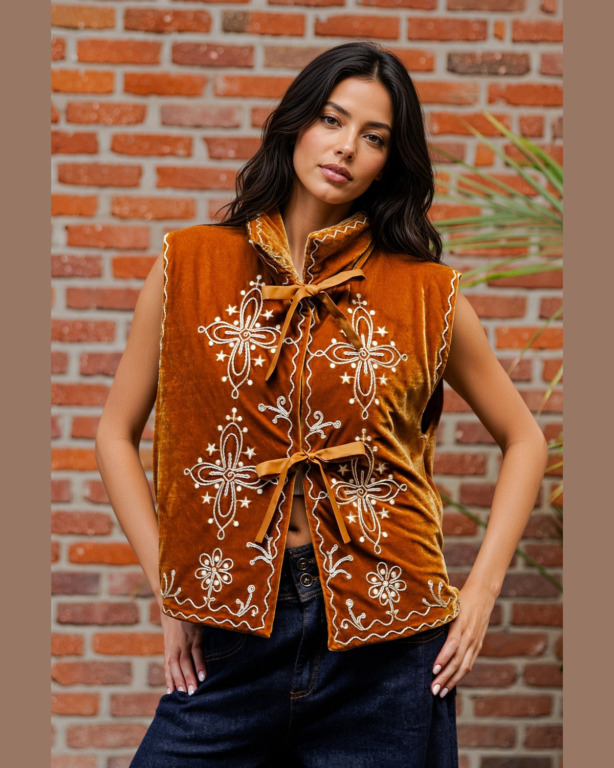 Copper velour vest with ivory floral embroidery, oversized collar, tie-front closures, and scalloped trim.