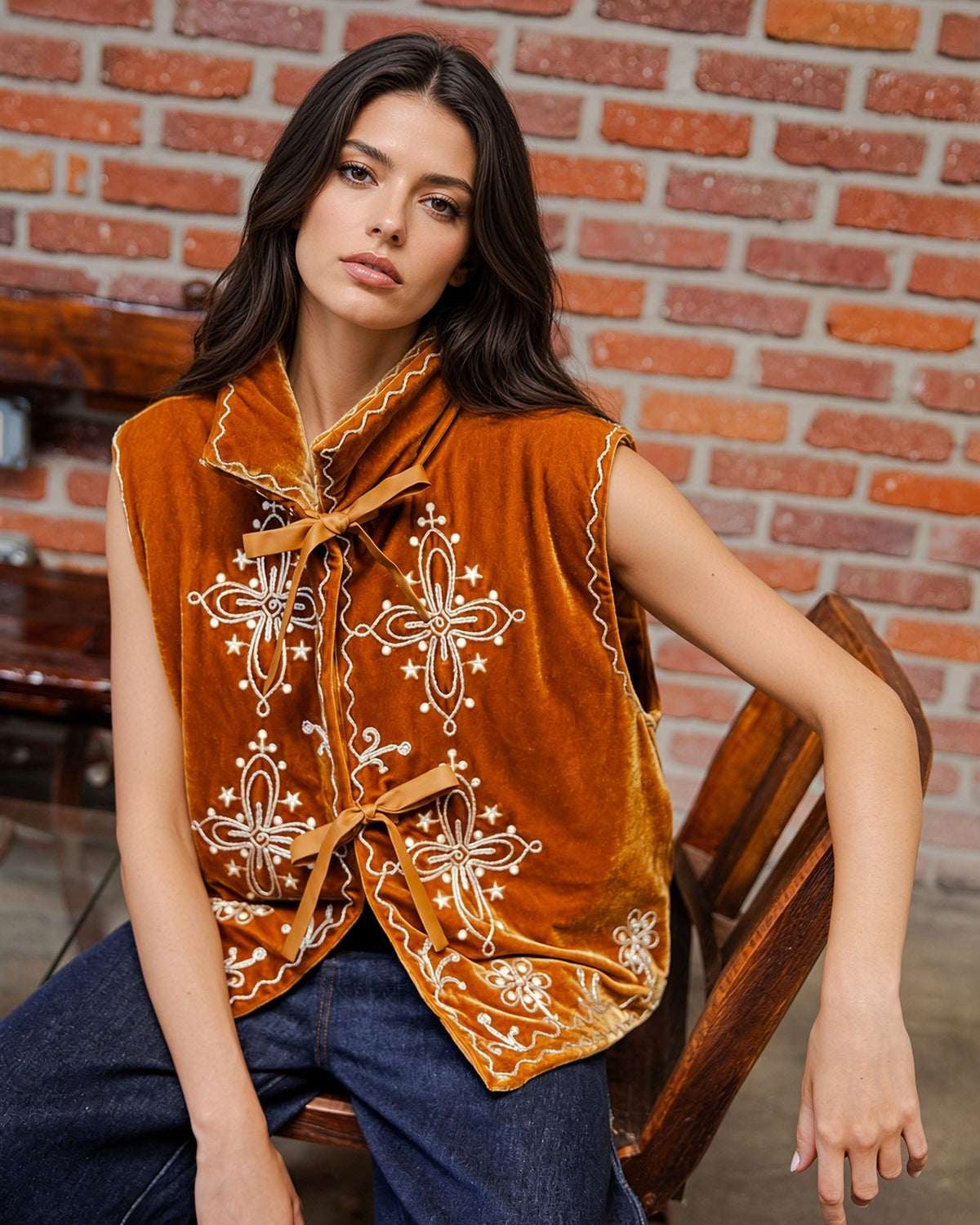 Copper Bloom Embroidered Sleeveless Velour Vest