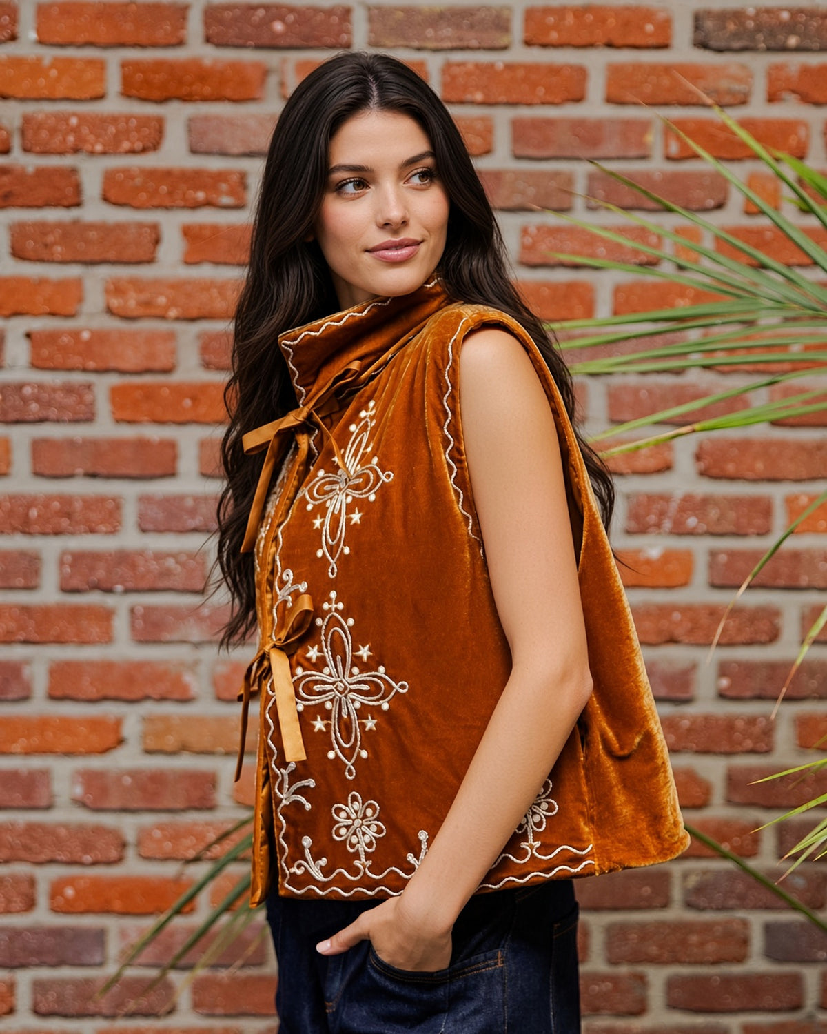 Copper Bloom Embroidered Sleeveless Velour Vest