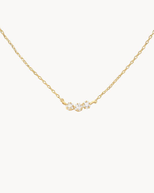 Dainty cubic zirconia trio necklace, 14K gold dipped, adjustable length.