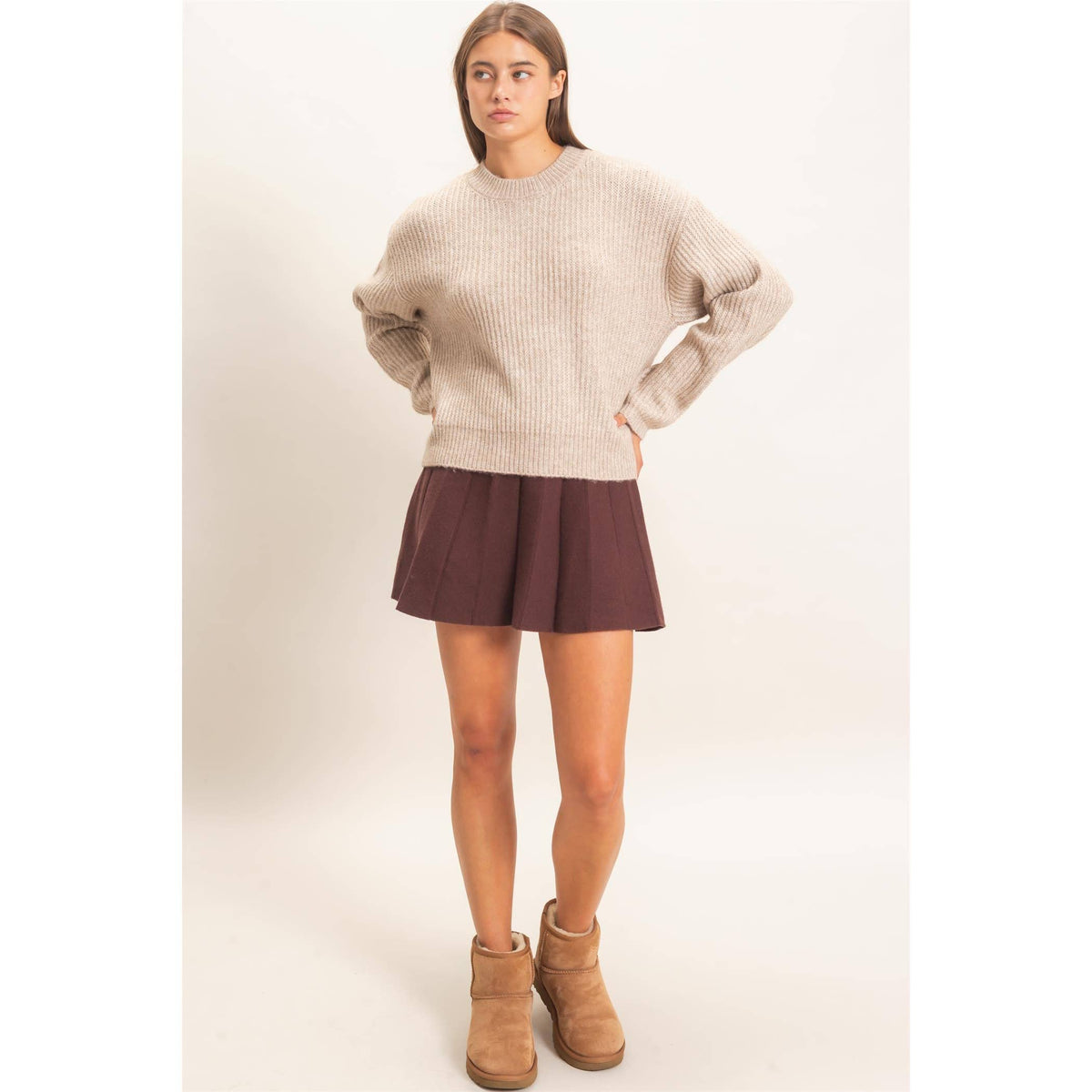Heather Taupe Ribbed Crew Neck Sweater