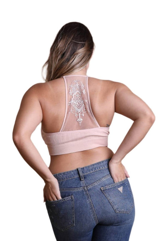 Curvy Beige Blush Lotus Mesh Racerback Bralette