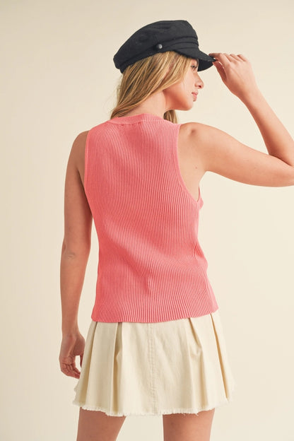 Coral Ribbed Knit Sleeveless Top