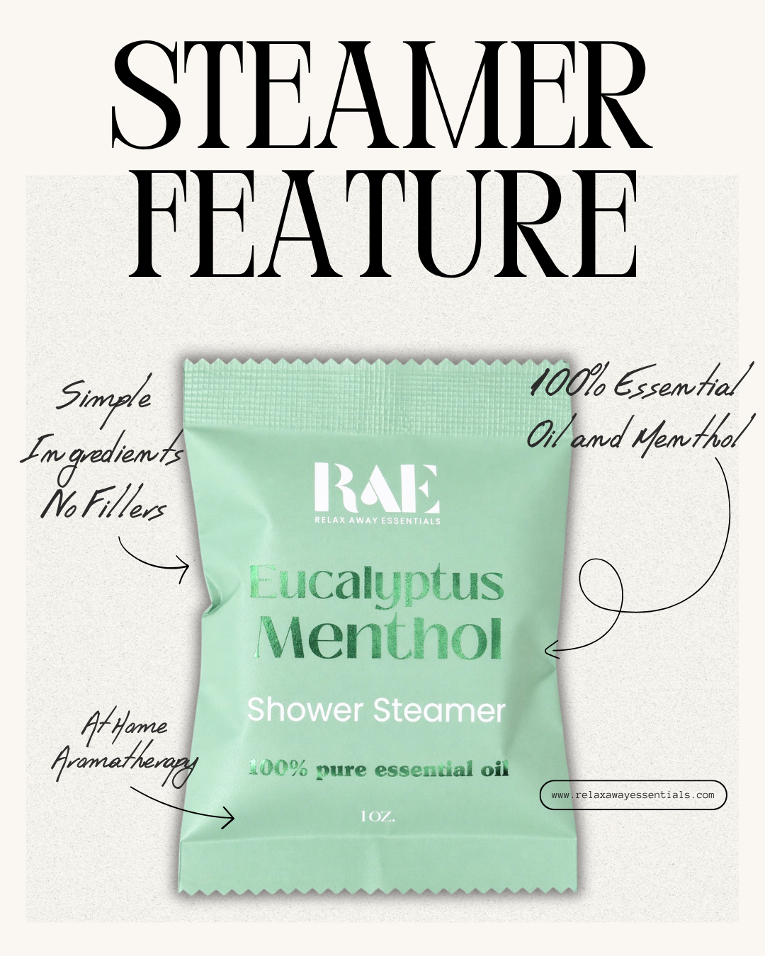 RAE Eucalyptus Menthol Shower Steamer packaging with branding and product details on a light gray background.