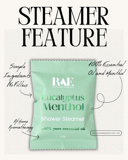 RAE Eucalyptus Menthol Shower Steamer packaging with branding and product details on a light gray background.