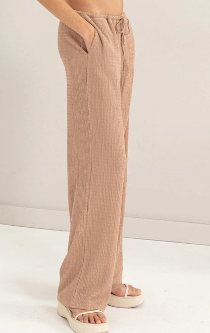 Tan Crinkle Knit Wide Leg Drawstring Pants
