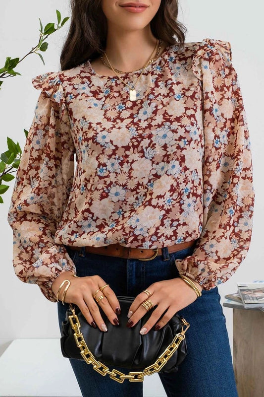 Burgundy Floral Ruffled Long Sleeve Top