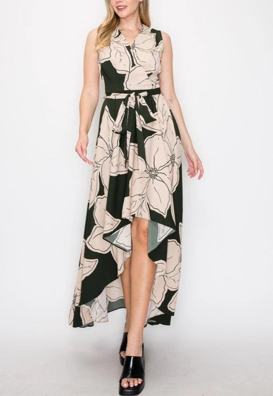 Forest Green & Tan Floral Print High Low Belted Dress