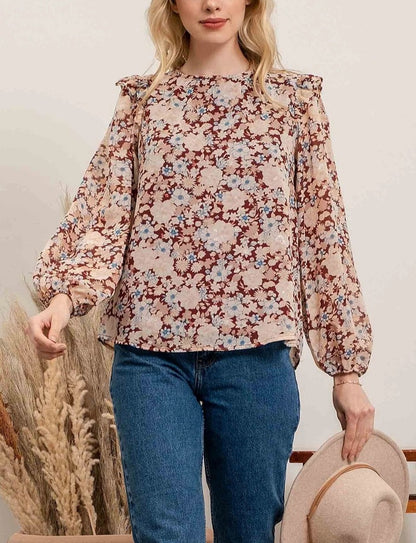 Burgundy Floral Ruffled Long Sleeve Top