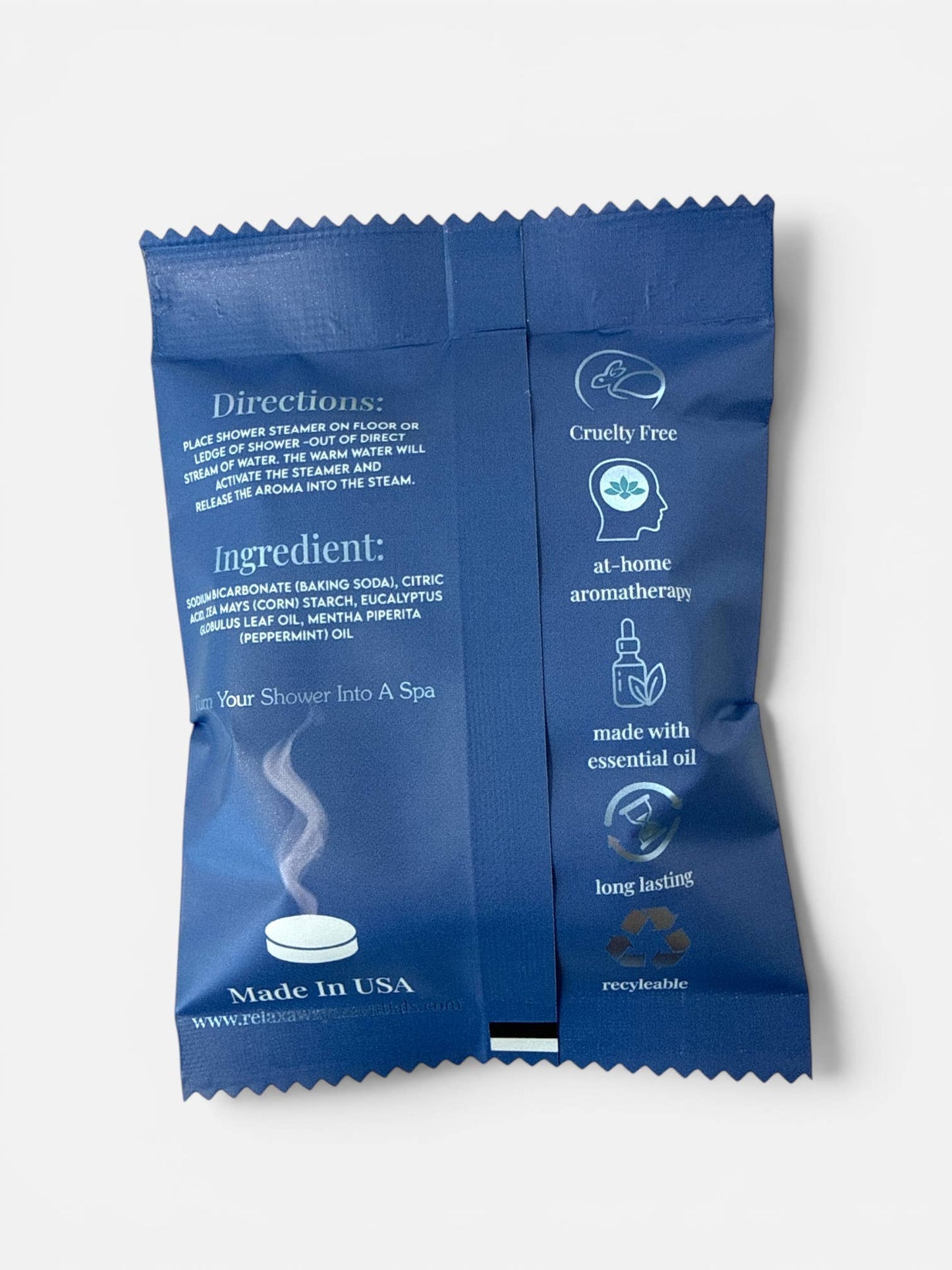 Blue product packaging with text and icons on a white background