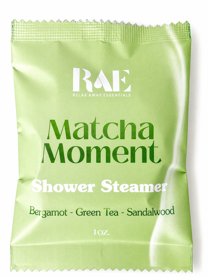 RAE Matcha Moment Shower Steamer packaging on a white background.
