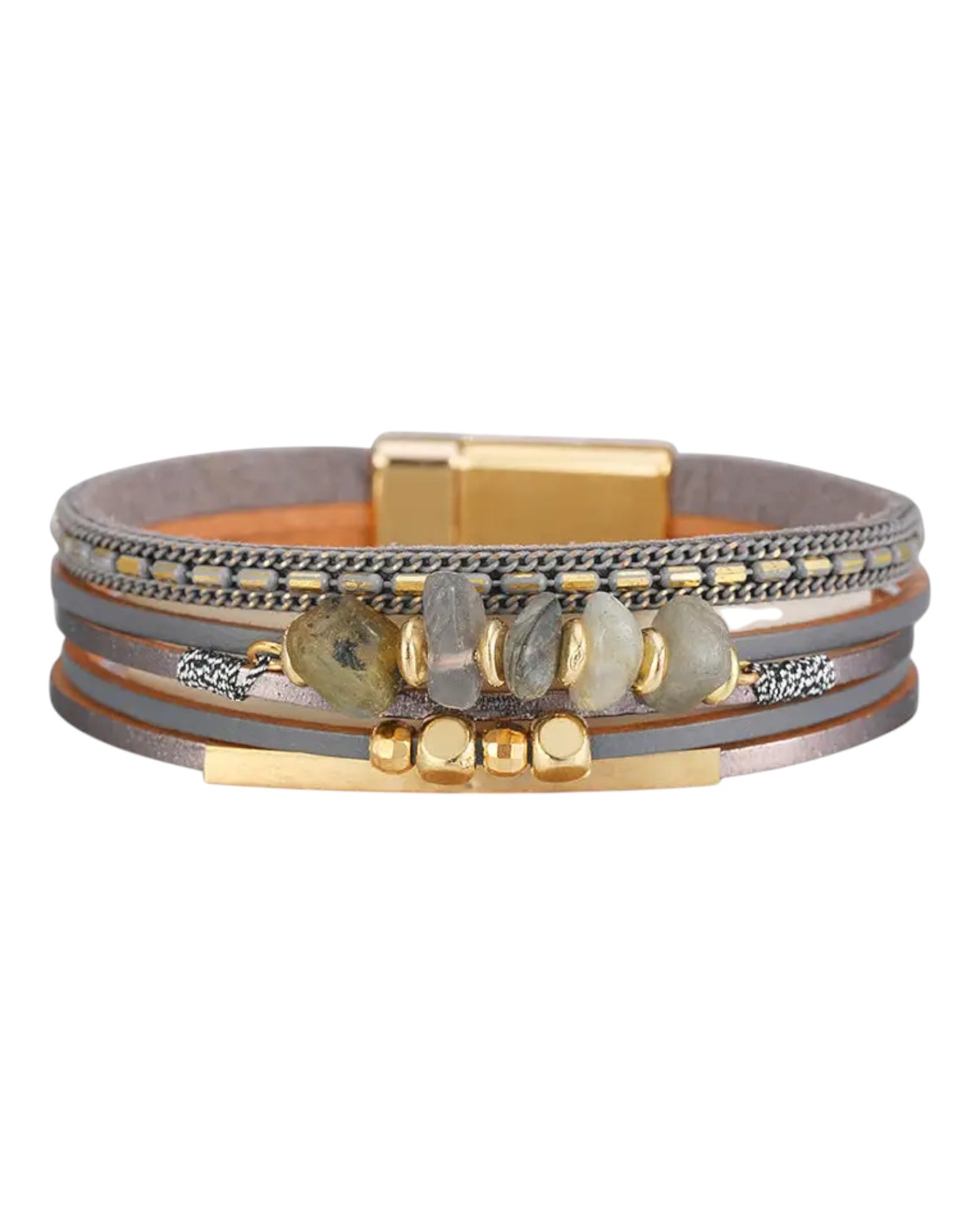 Grey Boho Natural Stone & Leather Woven Bracelet
