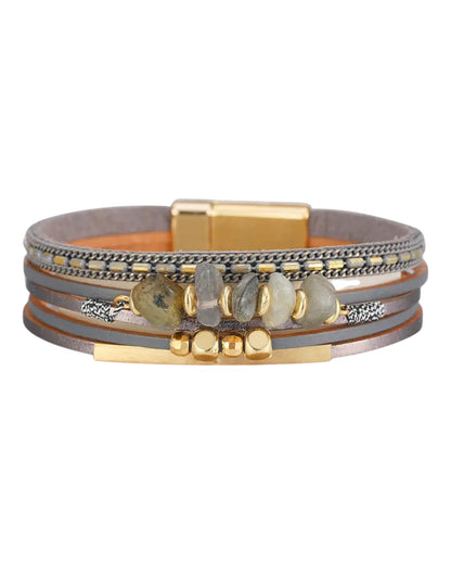 Grey Boho Natural Stone & Leather Woven Bracelet