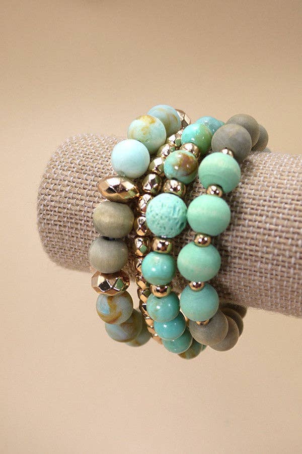 Set of four mustard yellow or turquoise wood bead and gold metallic stretch bracelets.