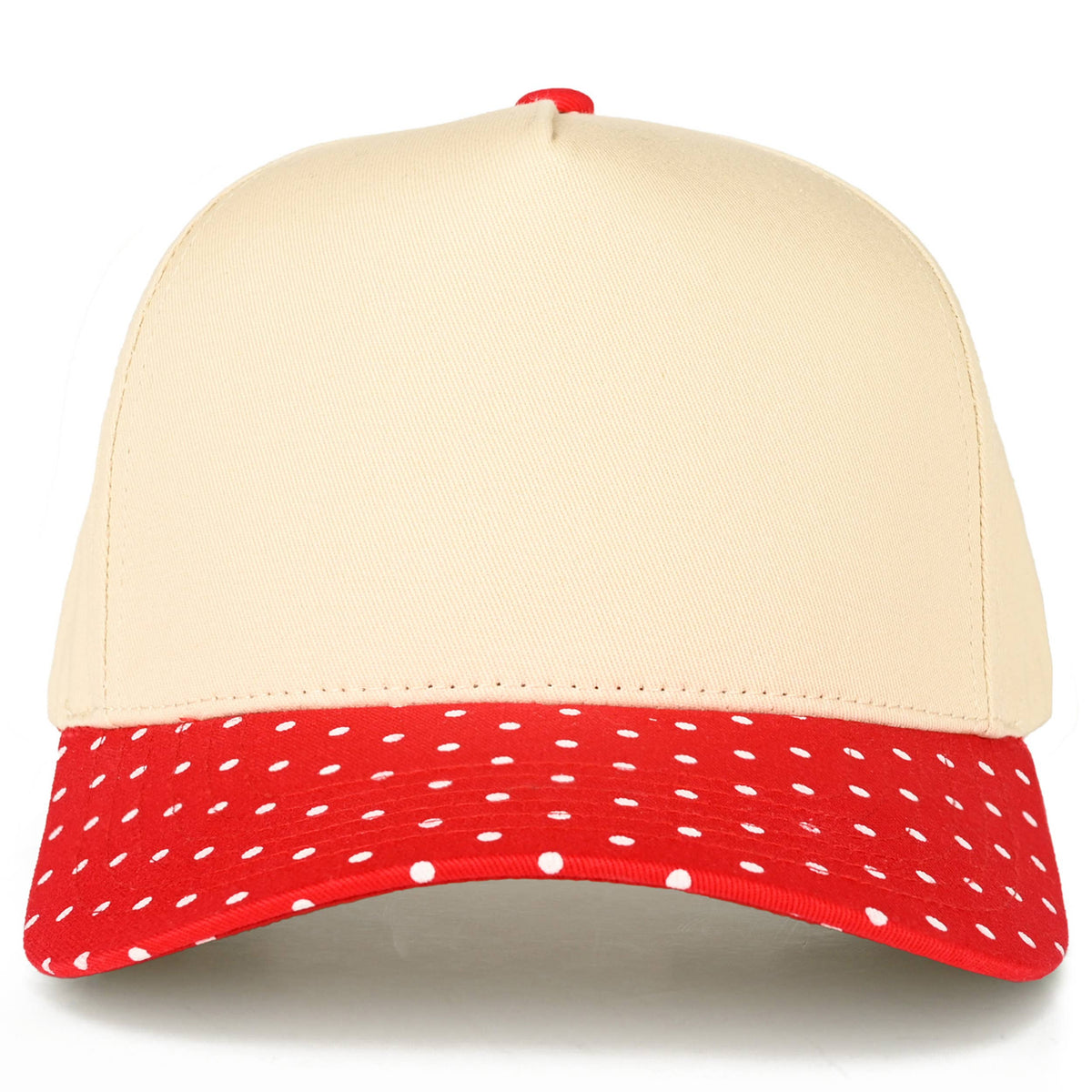 Beige cap with a red and white polka dot brim on a white background.