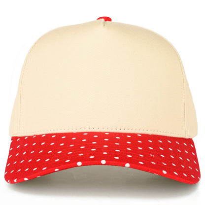 Beige cap with a red and white polka dot brim on a white background.