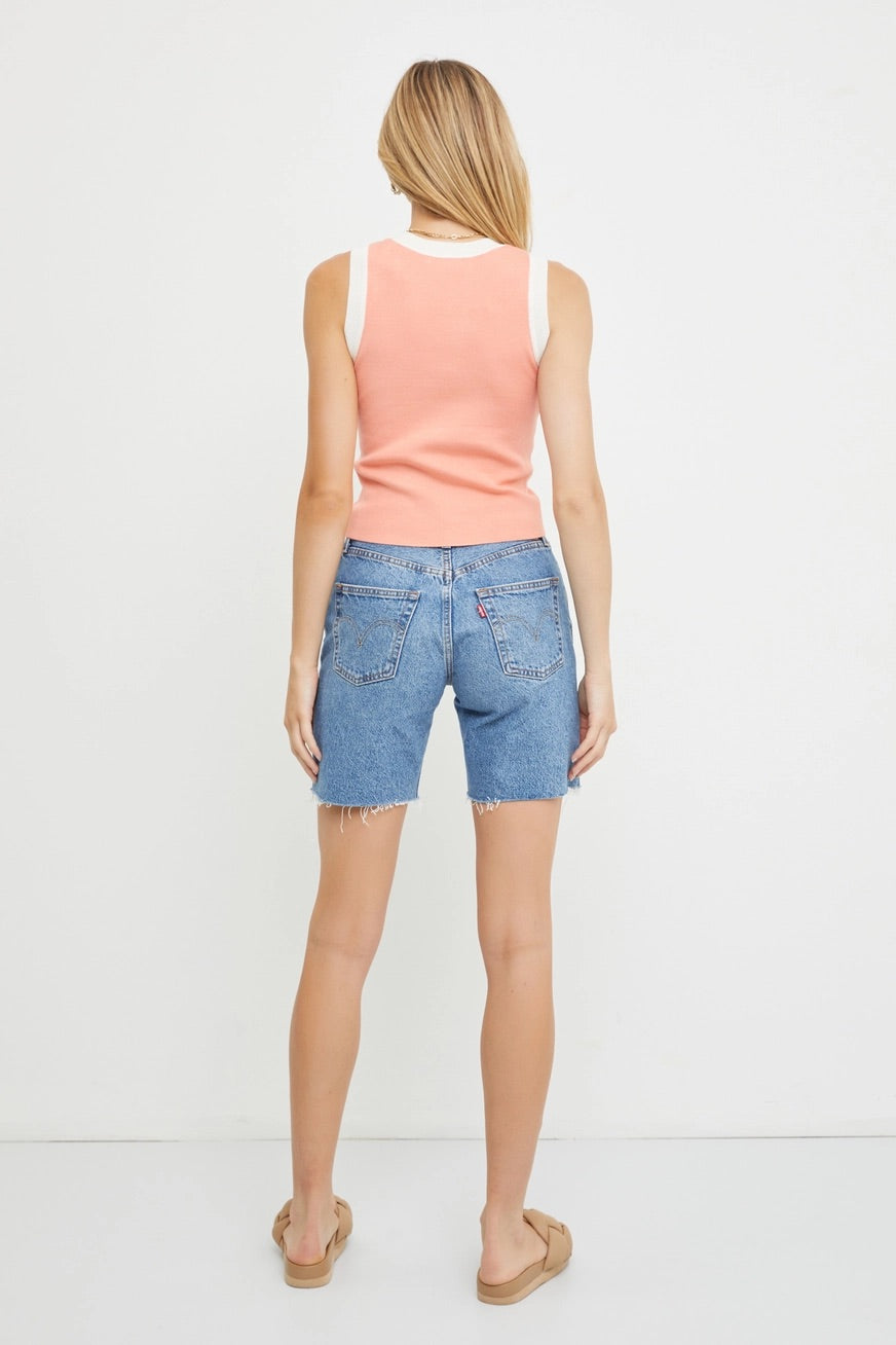 Peach Classic Crewneck Contrast Sleeveless Top