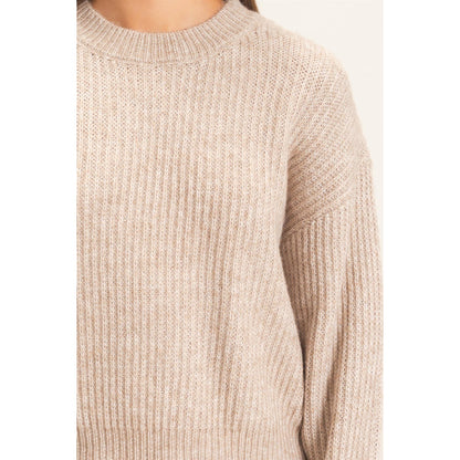 Heather Taupe Ribbed Crew Neck Sweater
