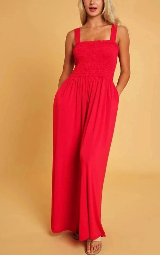 Casual Smocked Wide Leg Red Jumpsuit